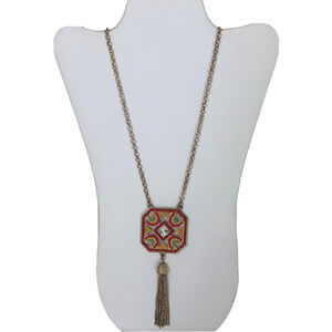 Vintage 1970s Geometric Pendant Tassel Necklace Colorful Bead Inlay Boho Costume